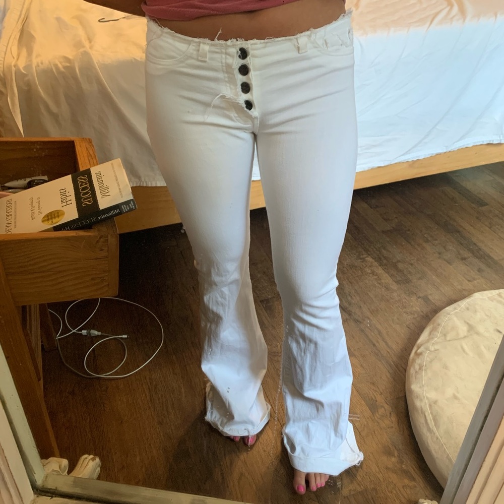 Hudson Cut Waistband Flare Jeans Exposed Buttons